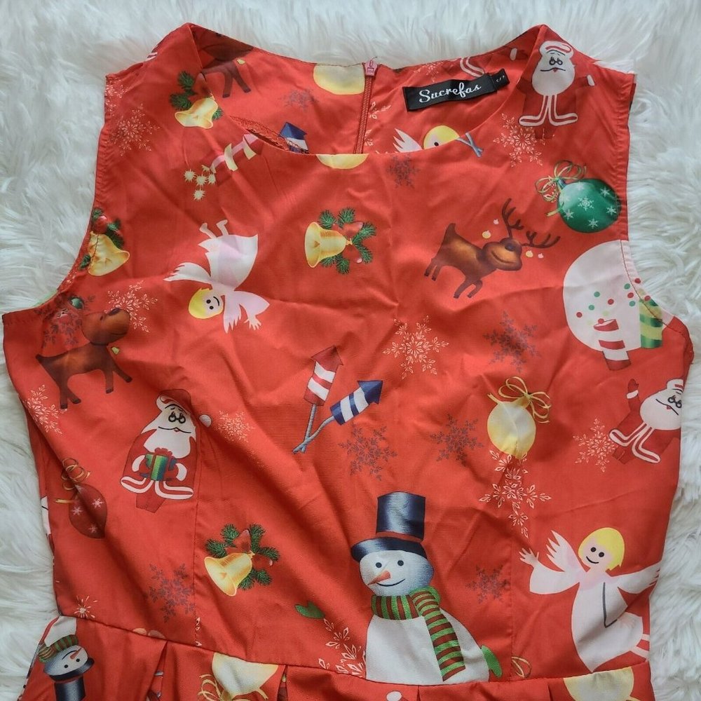 Sucrefas Dress Size Small Midi Length Christmas Holiday Red Santa Decorations